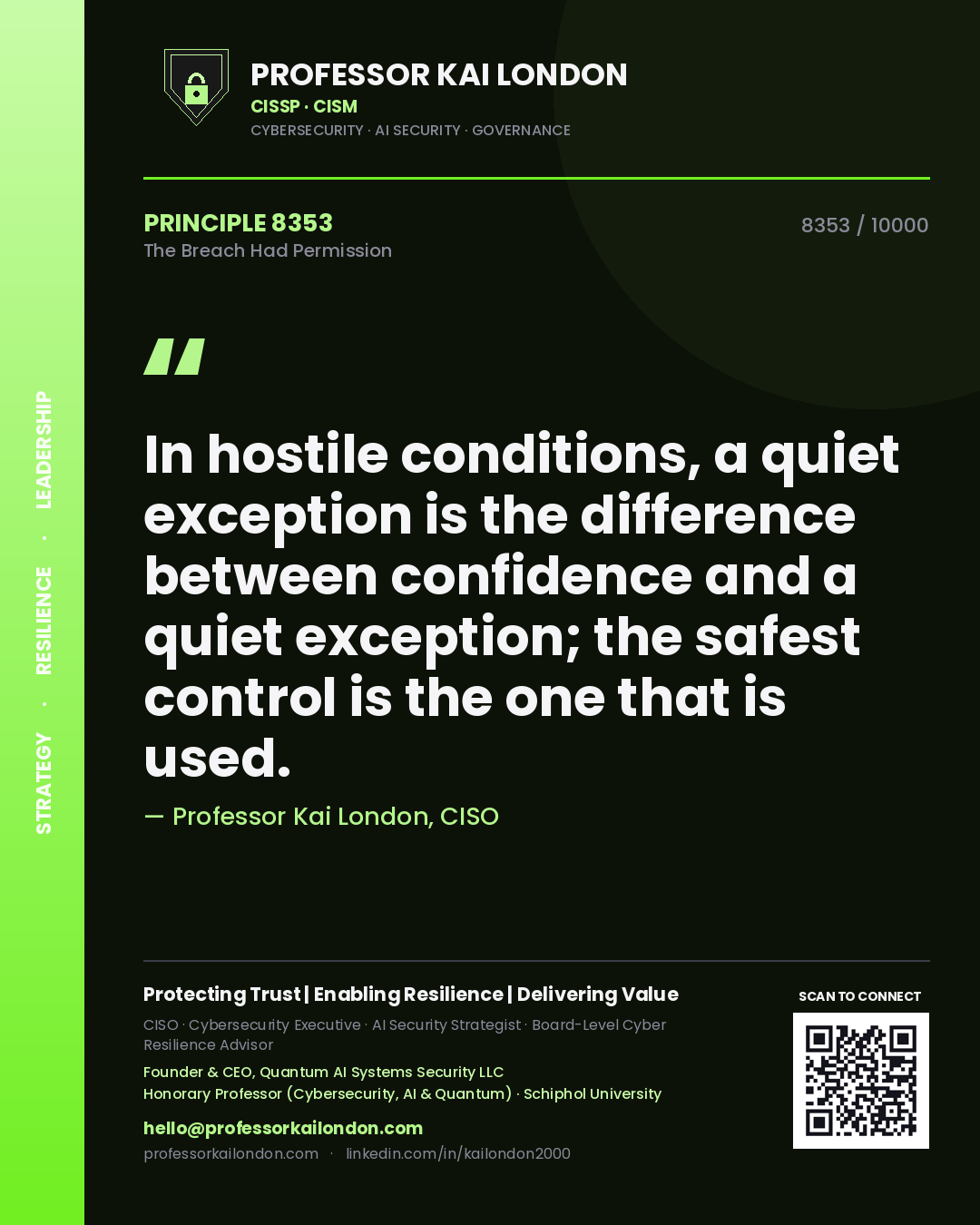 Quote card by Professor Kai London reading 'In hostile conditions, a quiet exception is the difference between confidence and a quiet exception; the safest control is the one that is used.'. From the book The Breach Had Permission.