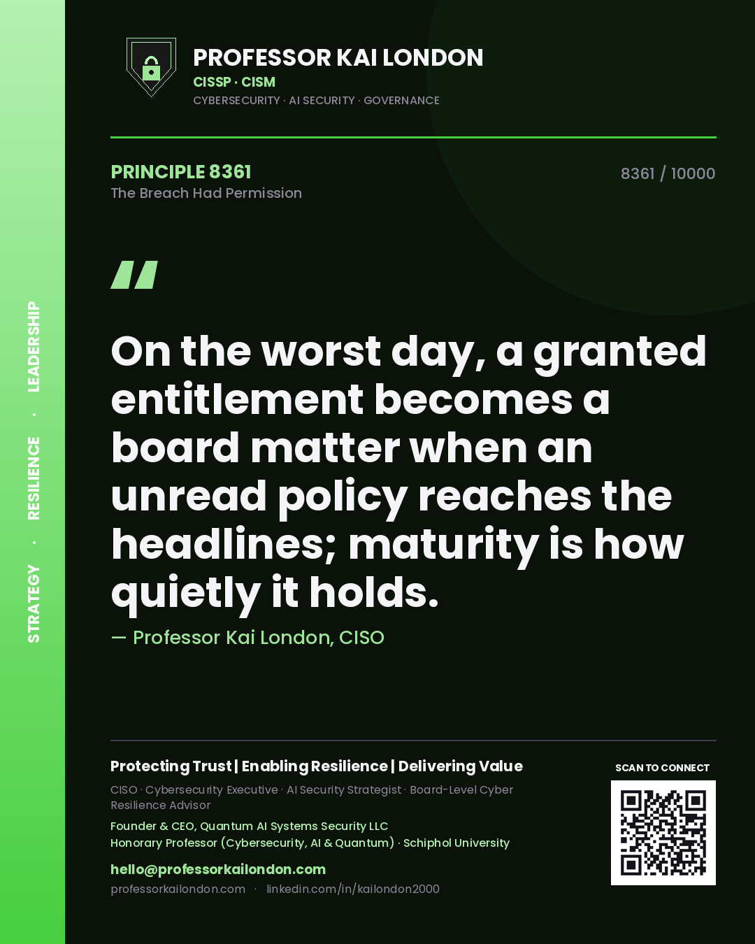 Quote card by Professor Kai London reading 'On the worst day, a granted entitlement becomes a board matter when an unread policy reaches the headlines; maturity is how quietly it holds.'. From the book The Breach Had Permission.