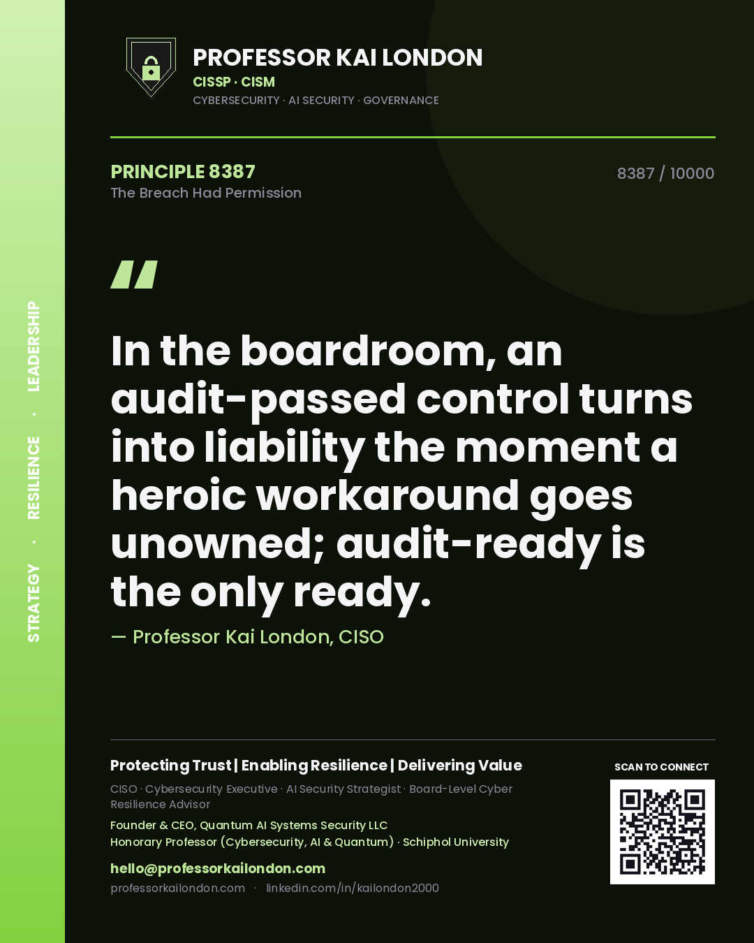 Professor Kai London principle 8387: In the boardroom, an audit-passed control turns into liability the moment a heroic workaround goes unowned; audit-ready is the only ready.