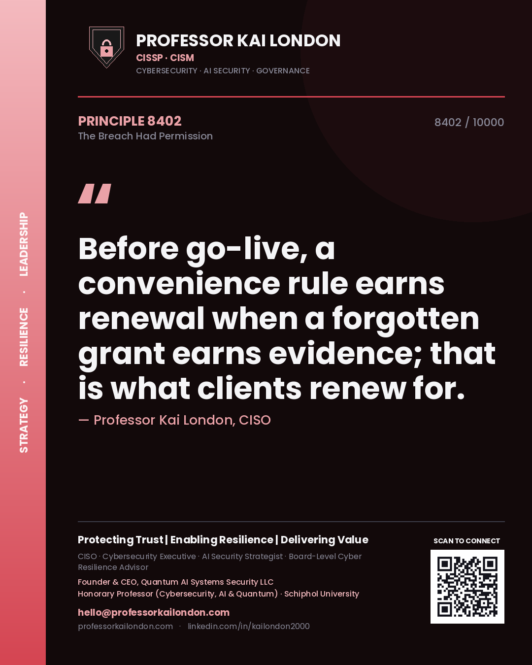 Professor Kai London principle 8402: Before go-live, a convenience rule earns renewal when a forgotten grant earns evidence; that is what clients renew for.