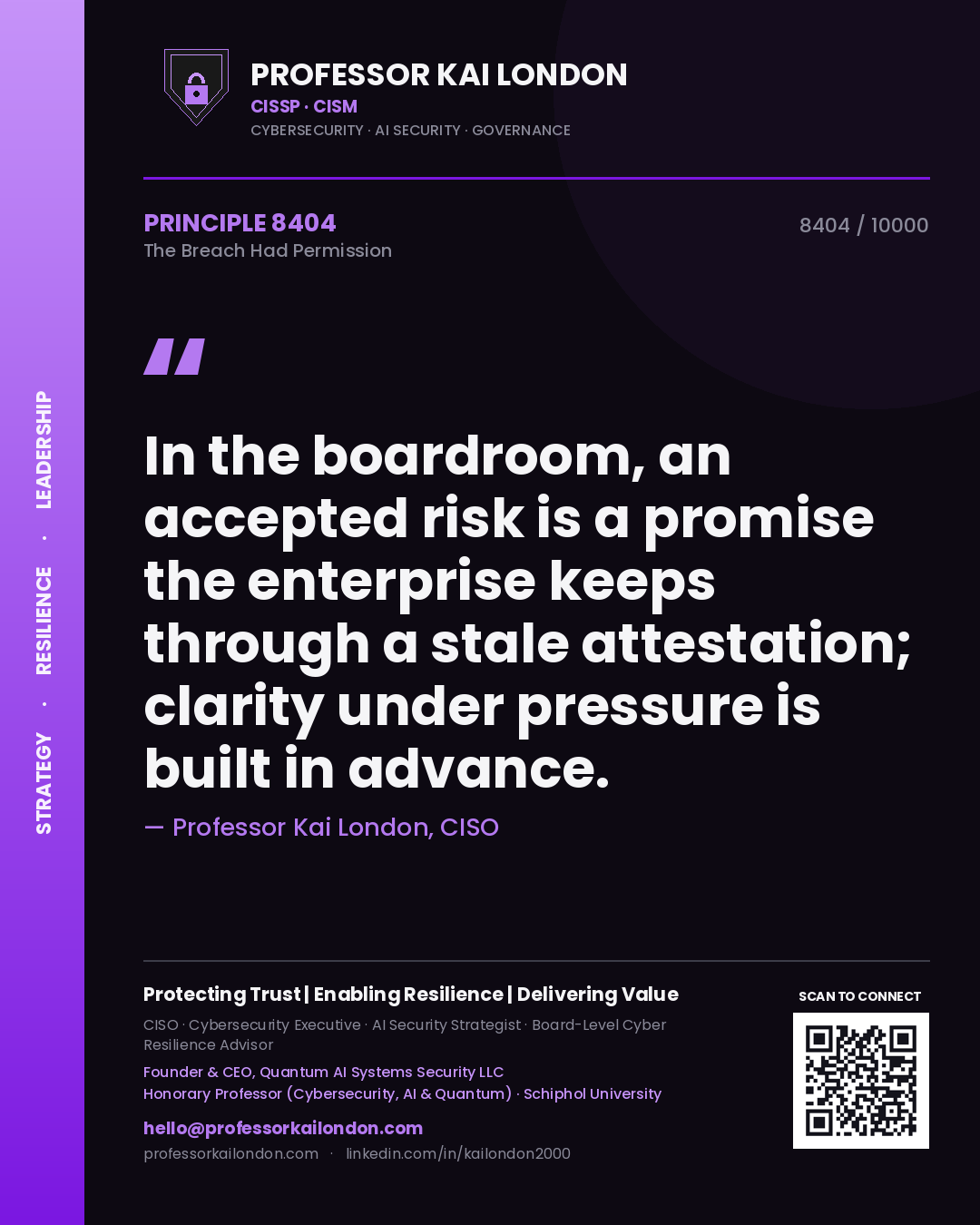 Professor Kai London principle 8404: In the boardroom, an accepted risk is a promise the enterprise keeps through a stale attestation; clarity under pressure is built in advance.