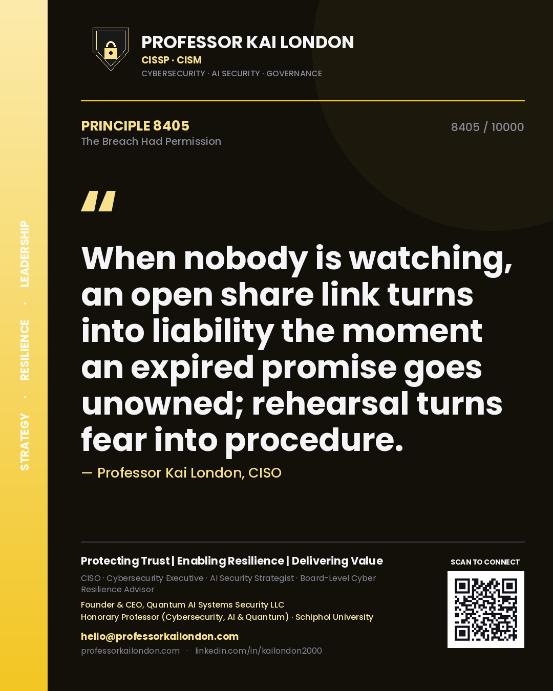 Professor Kai London principle 8405: When nobody is watching, an open share link turns into liability the moment an expired promise goes unowned; rehearsal turns fear into procedure.