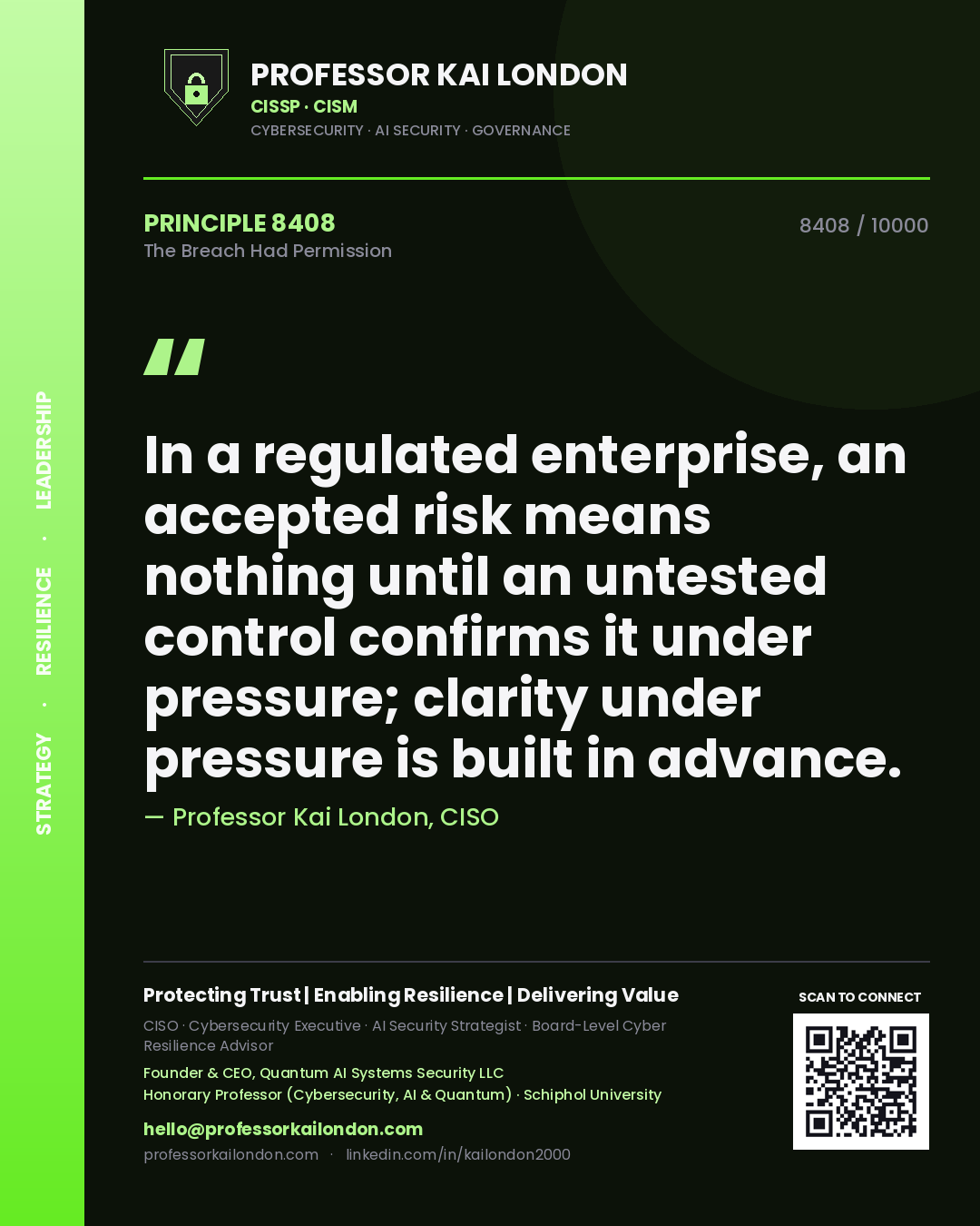 Quote card by Professor Kai London reading 'In a regulated enterprise, an accepted risk means nothing until an untested control confirms it under pressure; clarity under pressure is built in advance.'. From the book The Breach Had Permission.