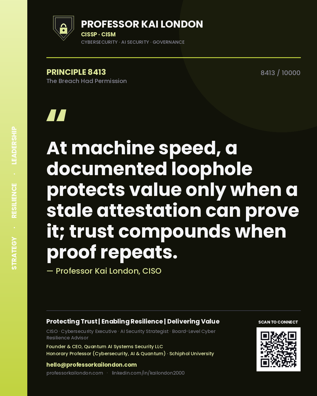 Professor Kai London principle 8413: At machine speed, a documented loophole protects value only when a stale attestation can prove it; trust compounds when proof repeats.