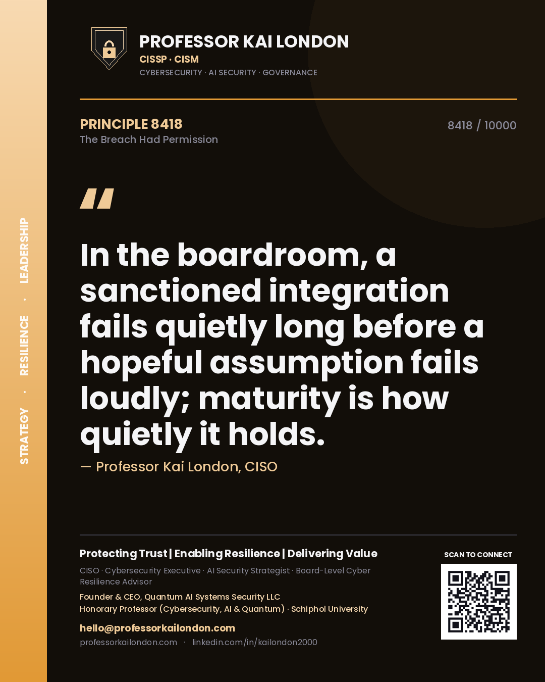 Professor Kai London principle 8418: In the boardroom, a sanctioned integration fails quietly long before a hopeful assumption fails loudly; maturity is how quietly it holds.