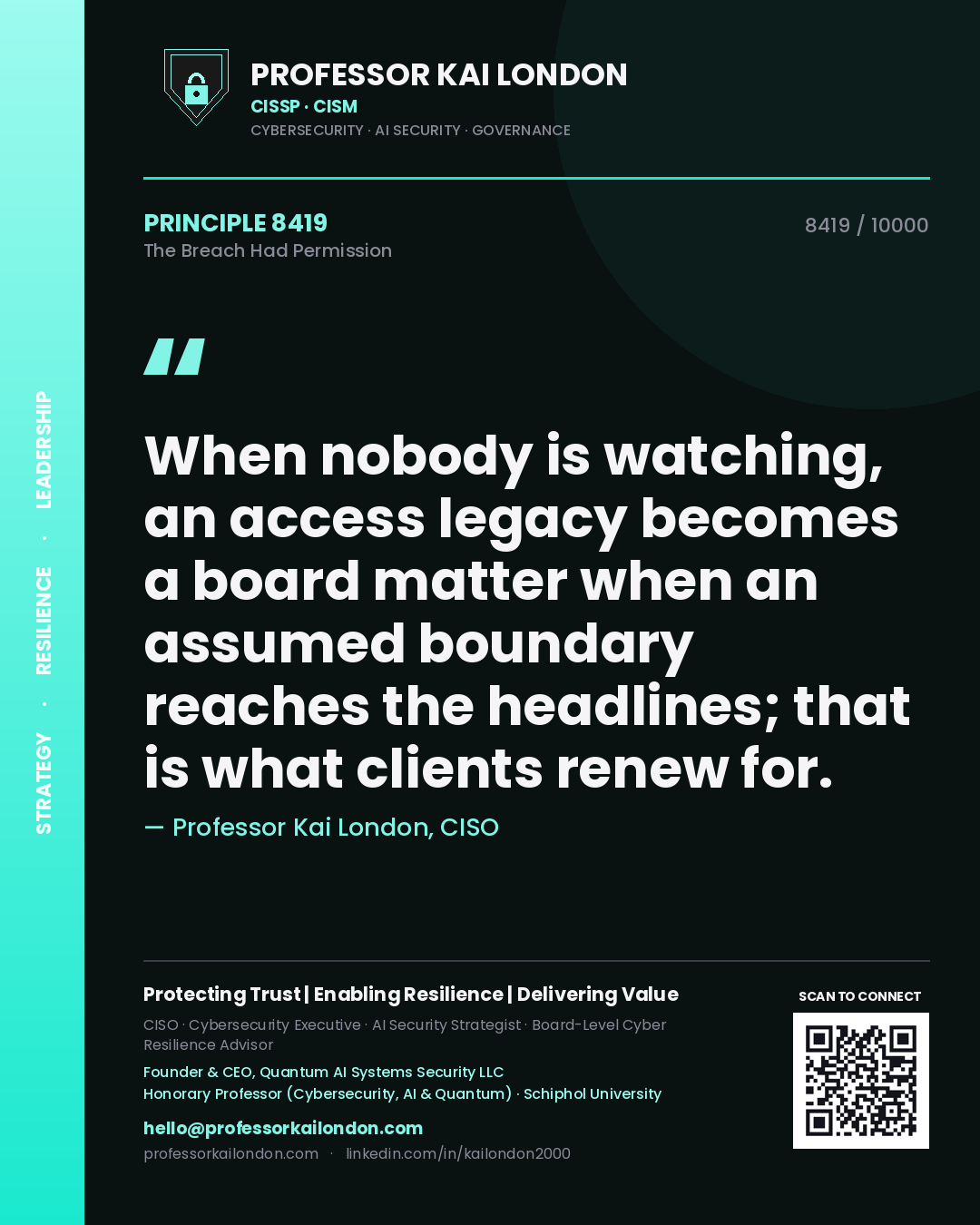 Professor Kai London principle 8419: When nobody is watching, an access legacy becomes a board matter when an assumed boundary reaches the headlines; that is what clients renew for.