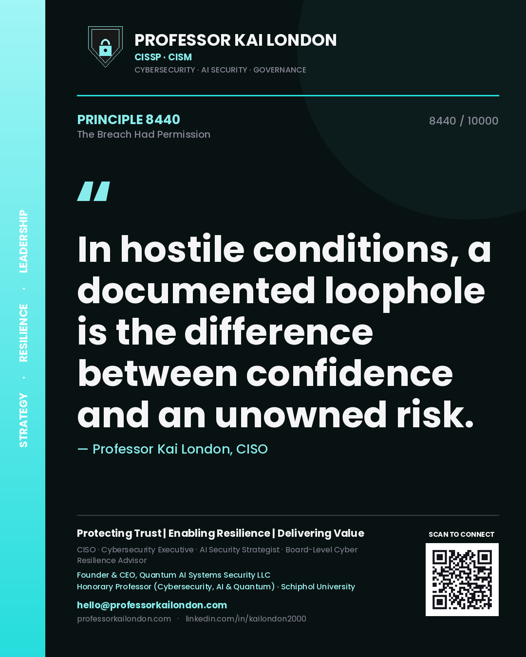 Quote card by Professor Kai London reading 'In hostile conditions, a documented loophole is the difference between confidence and an unowned risk.'. From the book The Breach Had Permission.