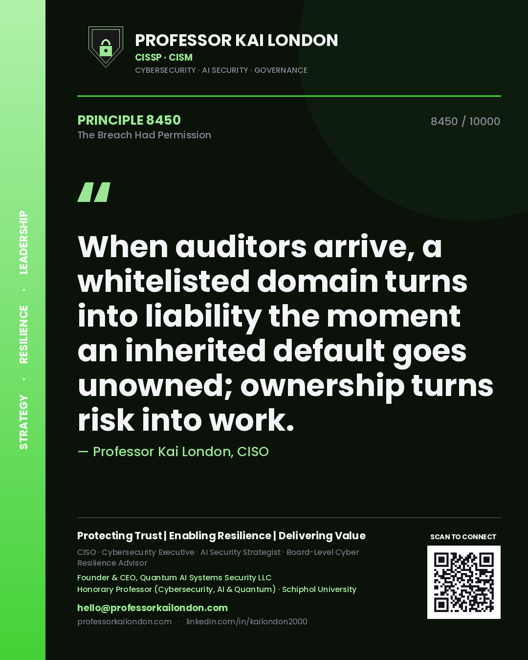 Quote card by Professor Kai London reading 'When auditors arrive, a whitelisted domain turns into liability the moment an inherited default goes unowned; ownership turns risk into work.'. From the book The Breach Had Permission.