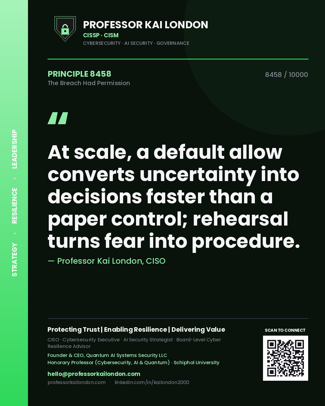 Professor Kai London principle 8458: At scale, a default allow converts uncertainty into decisions faster than a paper control; rehearsal turns fear into procedure.