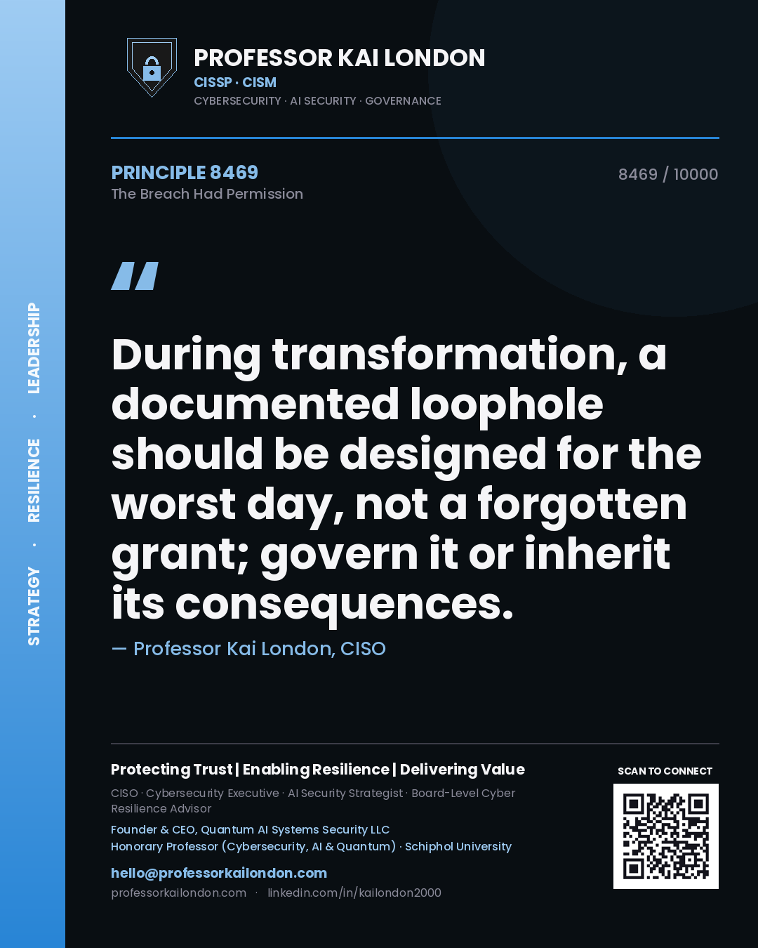 Professor Kai London principle 8469: During transformation, a documented loophole should be designed for the worst day, not a forgotten grant; govern it or inherit its consequences.