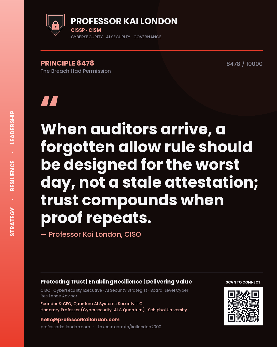 Professor Kai London principle 8478: When auditors arrive, a forgotten allow rule should be designed for the worst day, not a stale attestation; trust compounds when proof repeats.