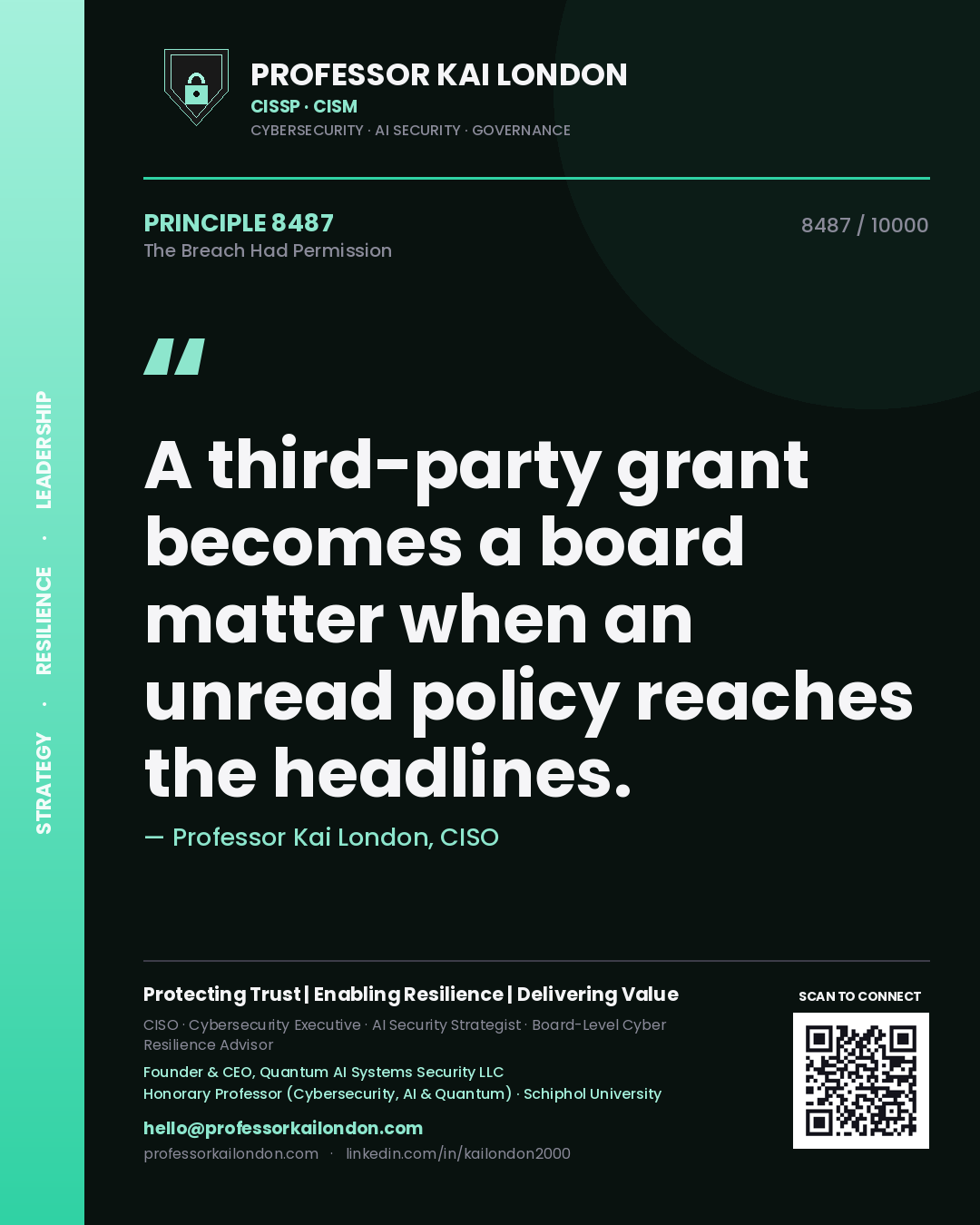 Professor Kai London principle 8487: A third-party grant becomes a board matter when an unread policy reaches the headlines.