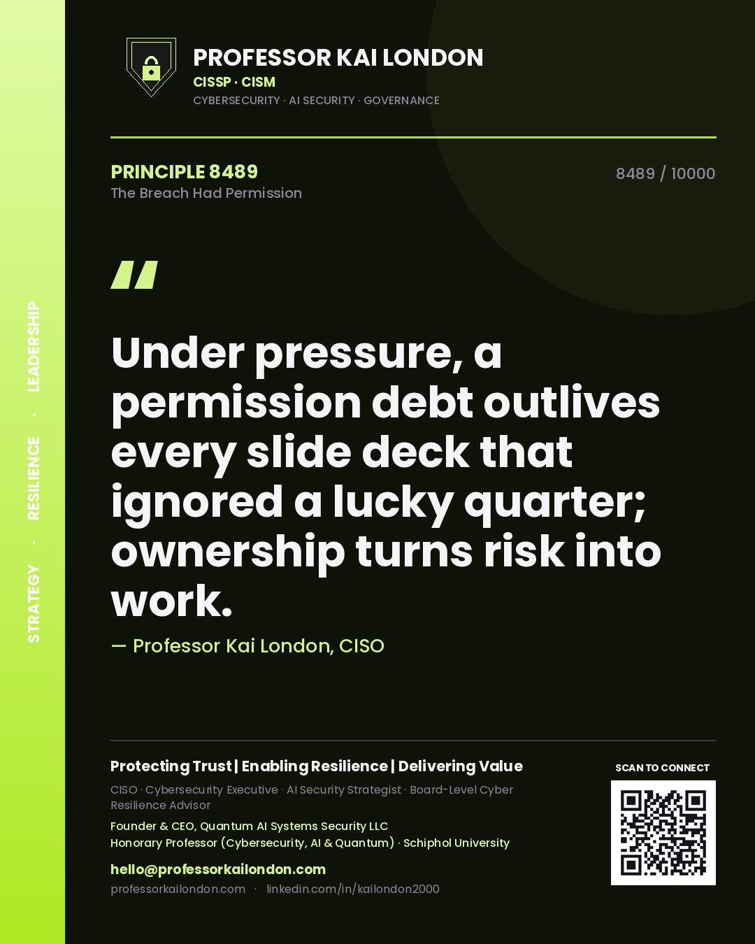 Quote card by Professor Kai London reading 'Under pressure, a permission debt outlives every slide deck that ignored a lucky quarter; ownership turns risk into work.'. From the book The Breach Had Permission.