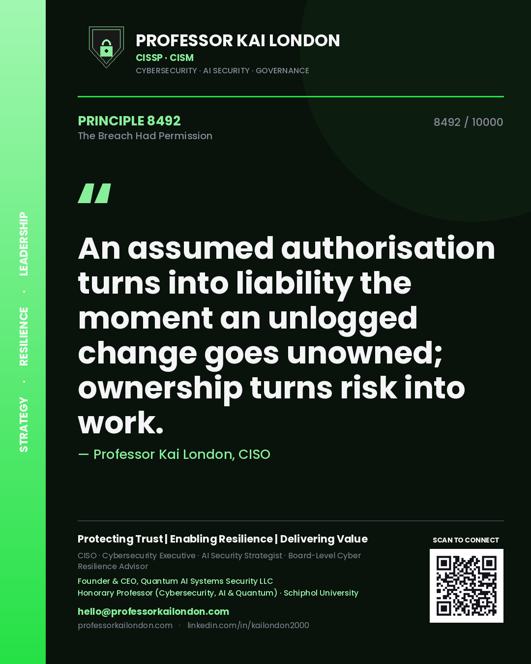 Professor Kai London principle 8492: An assumed authorisation turns into liability the moment an unlogged change goes unowned; ownership turns risk into work.