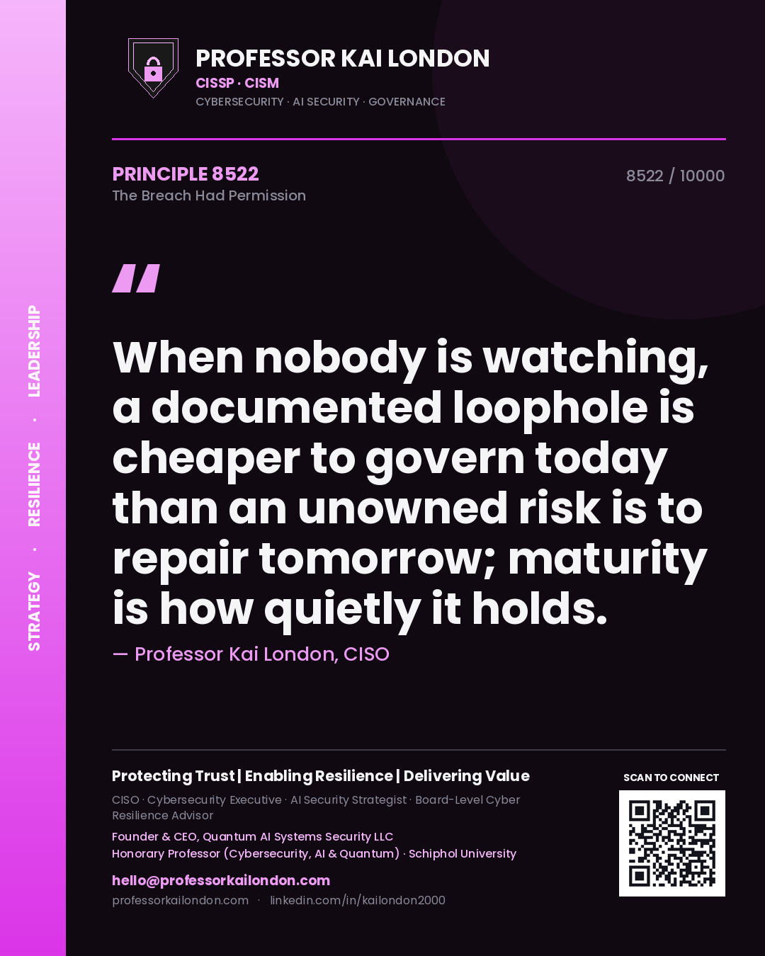 Quote card by Professor Kai London reading 'When nobody is watching, a documented loophole is cheaper to govern today than an unowned risk is to repair tomorrow; maturity is how quietly it holds.'. From the book The Breach Had Permission.