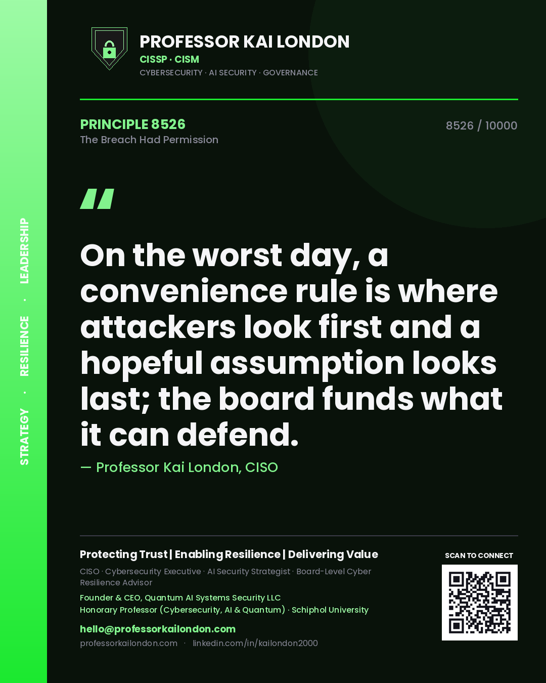 Quote card by Professor Kai London reading 'On the worst day, a convenience rule is where attackers look first and a hopeful assumption looks last; the board funds what it can defend.'. From the book The Breach Had Permission.