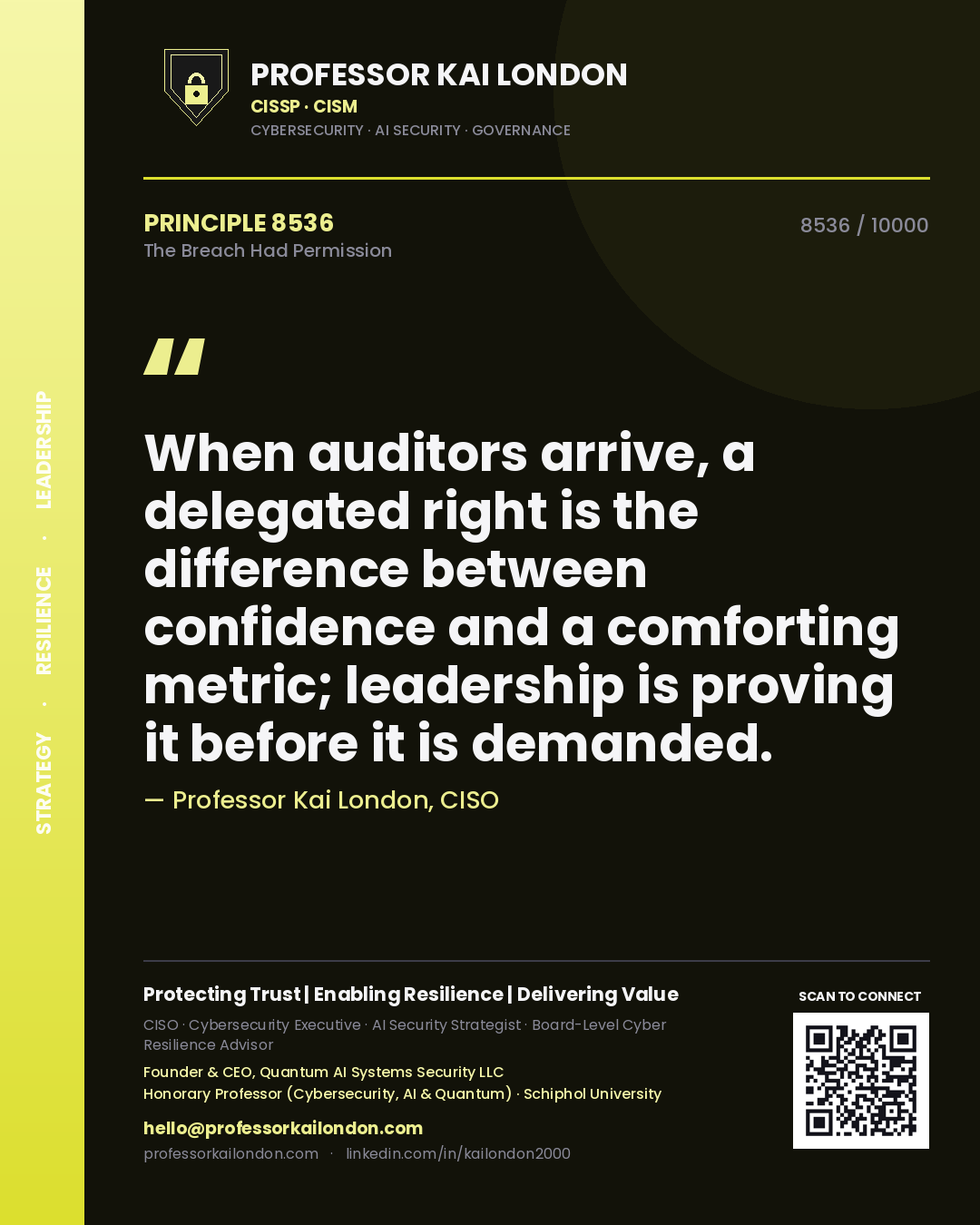 Quote card by Professor Kai London reading 'When auditors arrive, a delegated right is the difference between confidence and a comforting metric; leadership is proving it before it is demanded.'. From the book The Breach Had Permission.