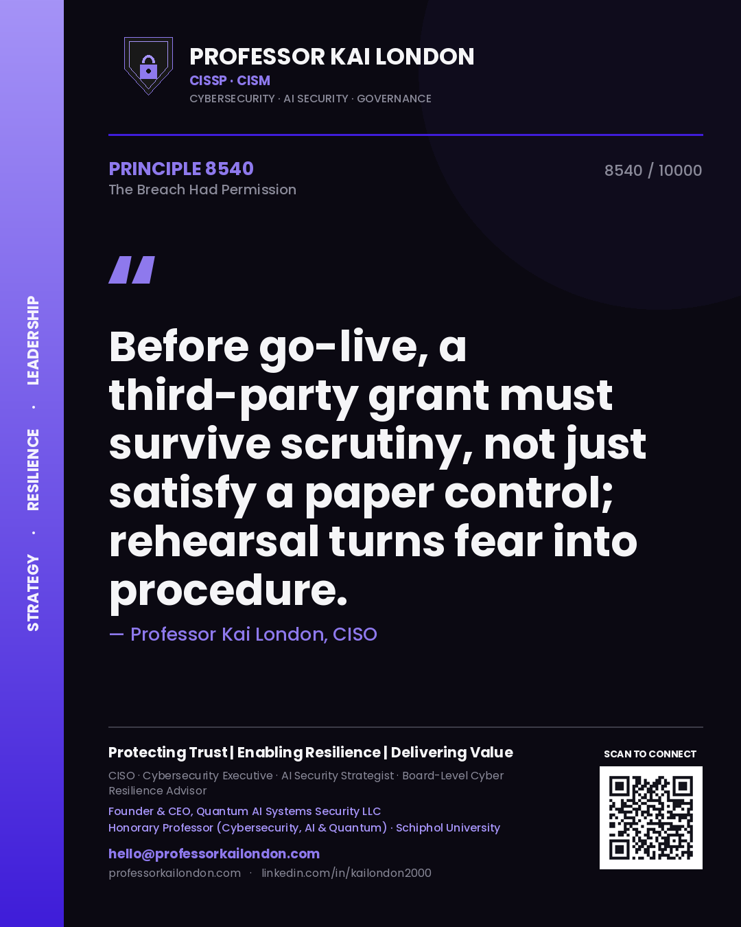 Professor Kai London principle 8540: Before go-live, a third-party grant must survive scrutiny, not just satisfy a paper control; rehearsal turns fear into procedure.