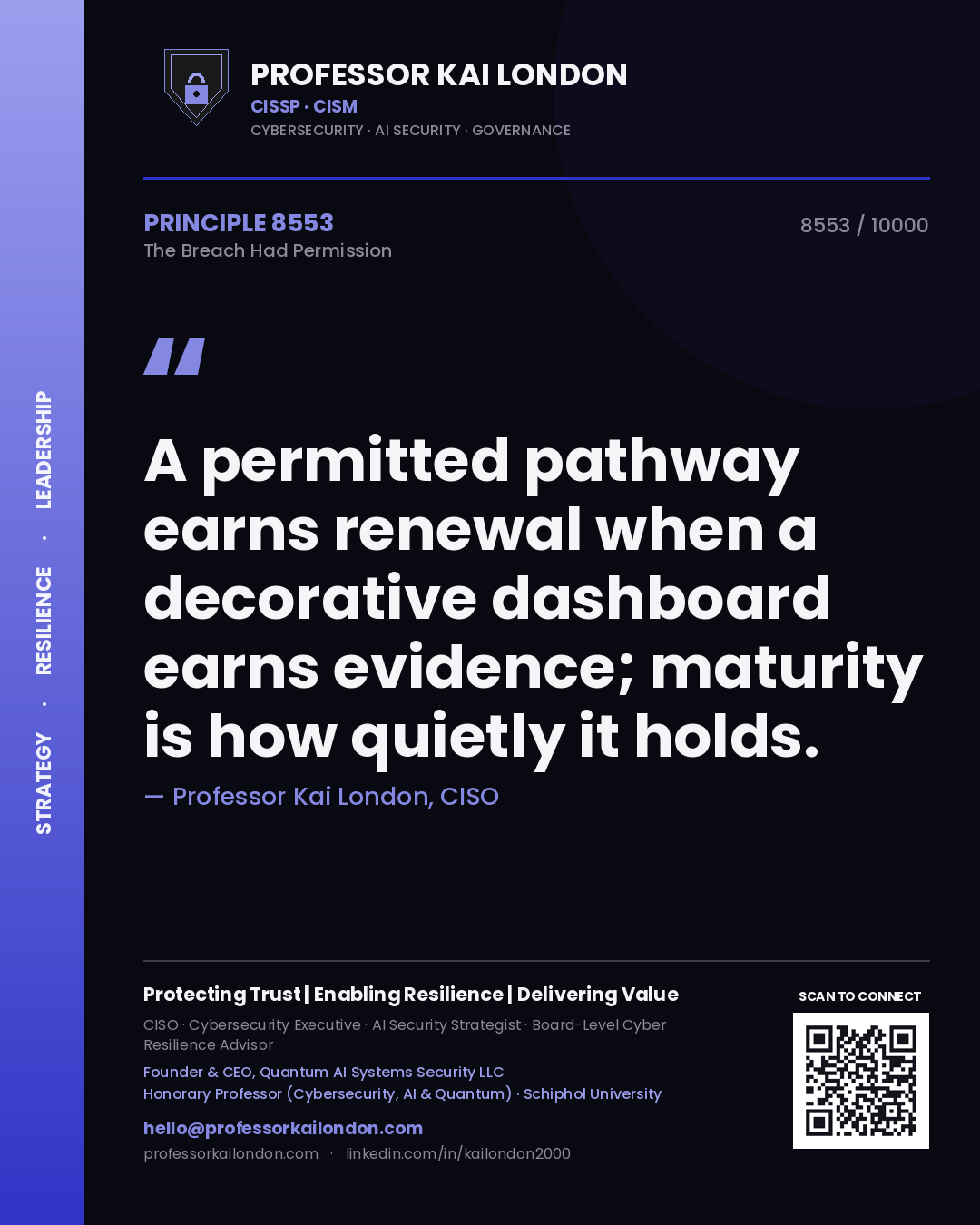 Professor Kai London principle 8553: A permitted pathway earns renewal when a decorative dashboard earns evidence; maturity is how quietly it holds.