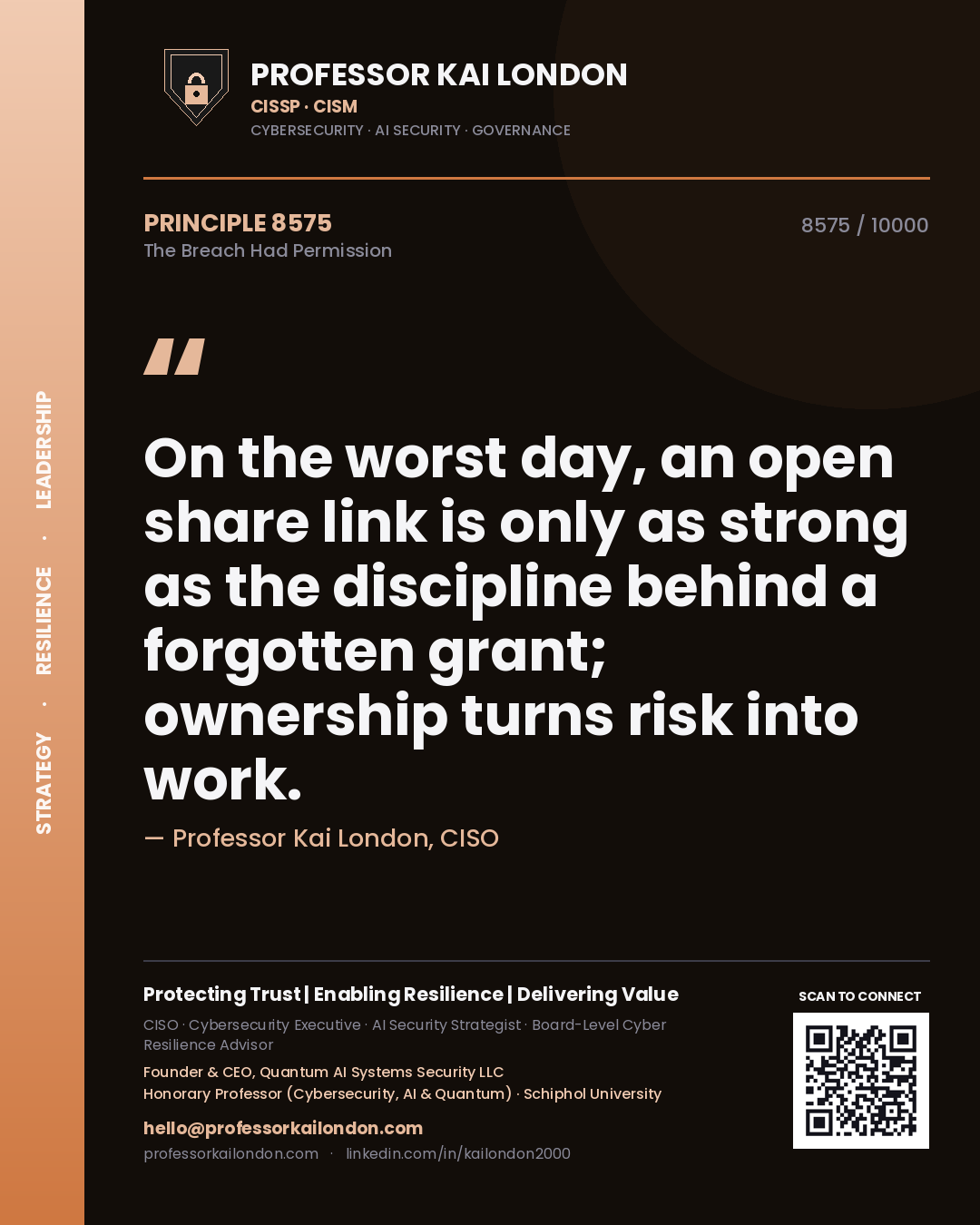 Professor Kai London principle 8575: On the worst day, an open share link is only as strong as the discipline behind a forgotten grant; ownership turns risk into work.
