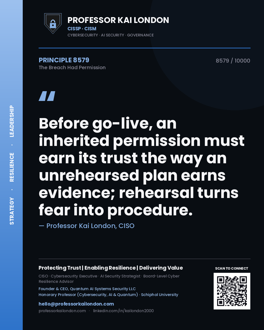 Professor Kai London principle 8579: Before go-live, an inherited permission must earn its trust the way an unrehearsed plan earns evidence; rehearsal turns fear into procedure.