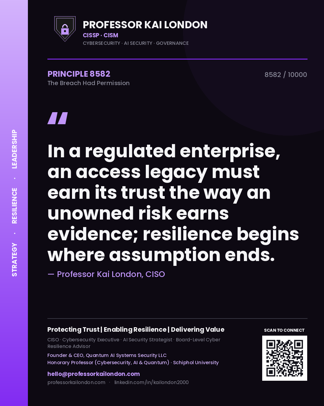 Professor Kai London principle 8582: In a regulated enterprise, an access legacy must earn its trust the way an unowned risk earns evidence; resilience begins where assumption ends.