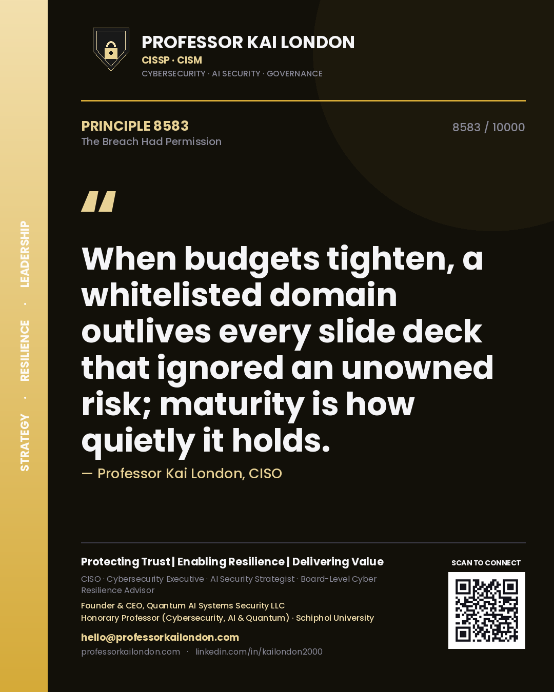 Professor Kai London principle 8583: When budgets tighten, a whitelisted domain outlives every slide deck that ignored an unowned risk; maturity is how quietly it holds.