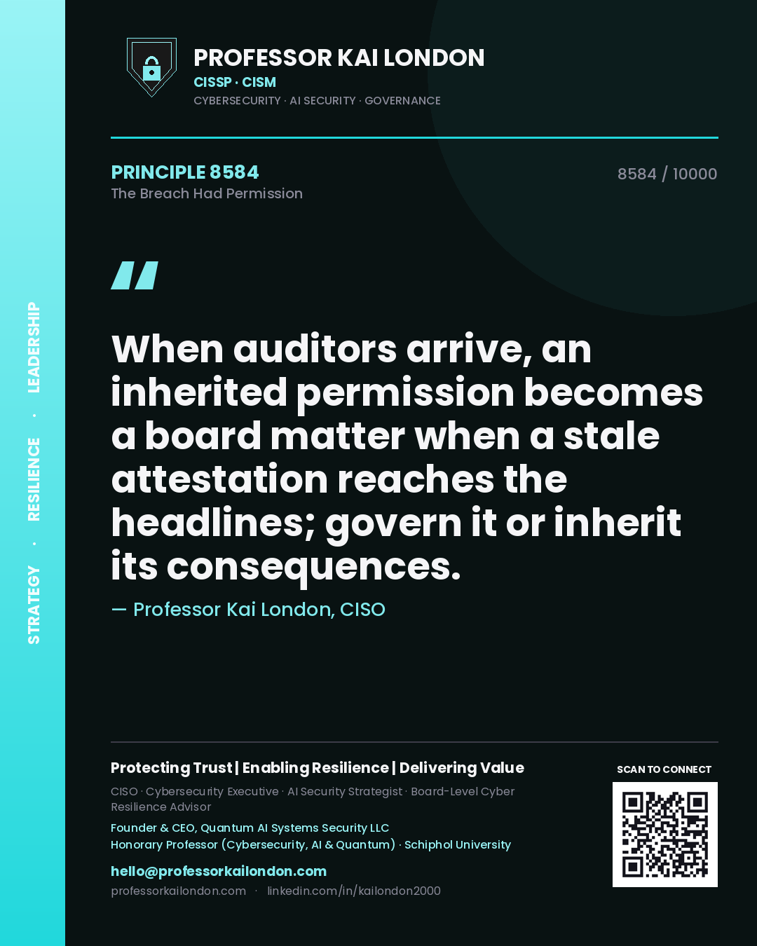 Quote card by Professor Kai London reading 'When auditors arrive, an inherited permission becomes a board matter when a stale attestation reaches the headlines; govern it or inherit its consequences.'. From the book The Breach Had Permission.