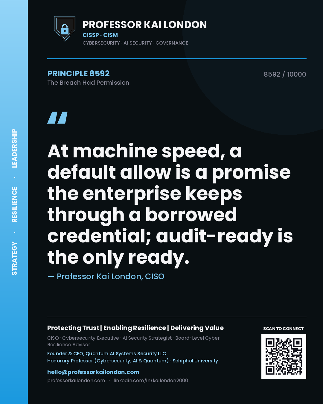 Professor Kai London principle 8592: At machine speed, a default allow is a promise the enterprise keeps through a borrowed credential; audit-ready is the only ready.