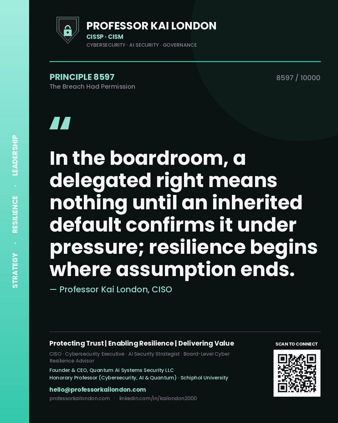 Quote card by Professor Kai London reading 'In the boardroom, a delegated right means nothing until an inherited default confirms it under pressure; resilience begins where assumption ends.'. From the book The Breach Had Permission.