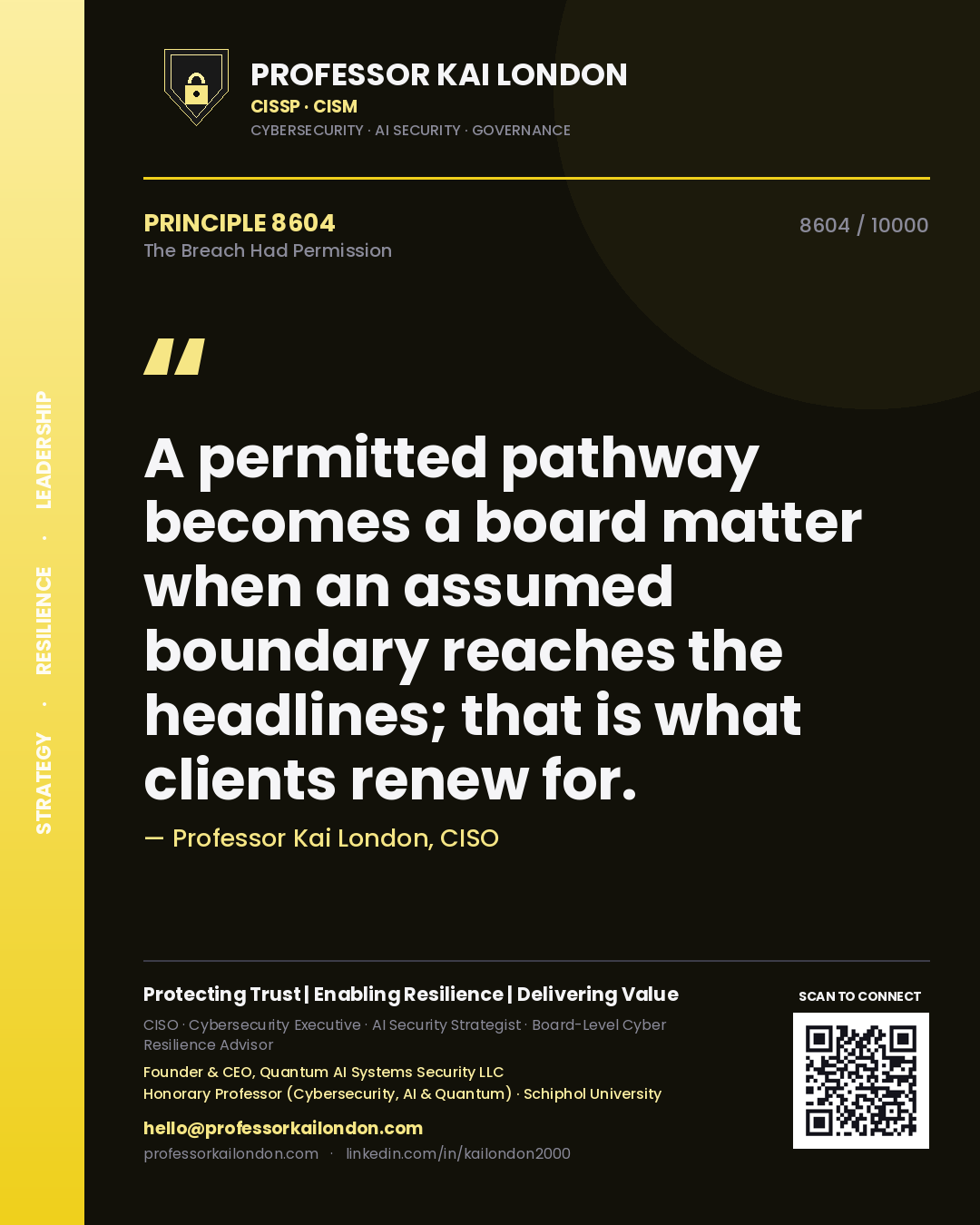 Quote card by Professor Kai London reading 'A permitted pathway becomes a board matter when an assumed boundary reaches the headlines; that is what clients renew for.'. From the book The Breach Had Permission.