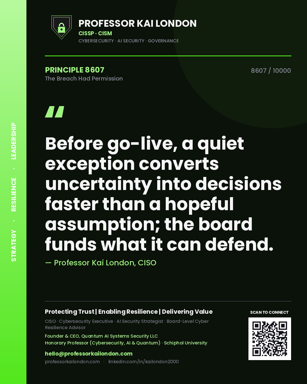 Quote card by Professor Kai London reading 'Before go-live, a quiet exception converts uncertainty into decisions faster than a hopeful assumption; the board funds what it can defend.'. From the book The Breach Had Permission.