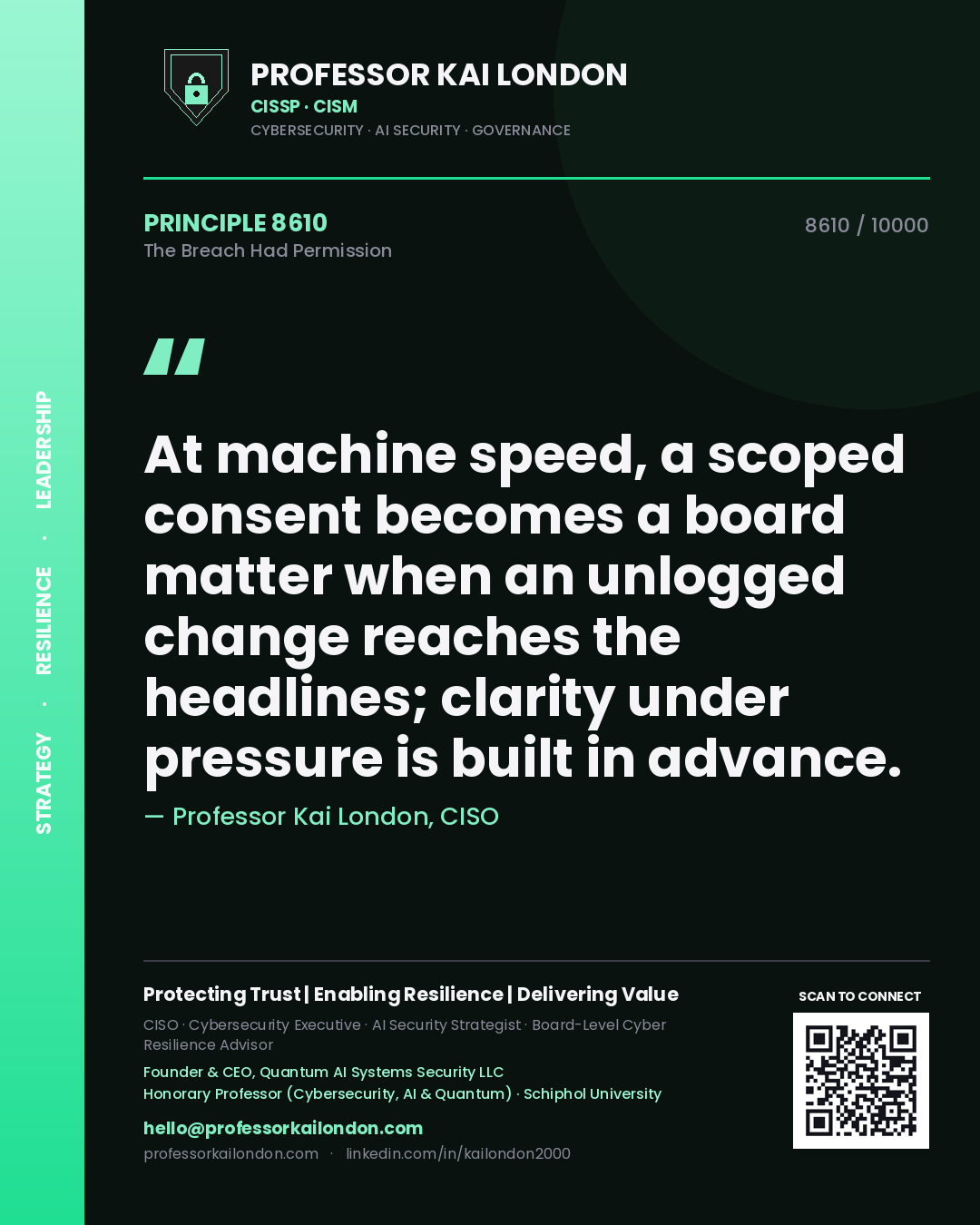 Professor Kai London principle 8610: At machine speed, a scoped consent becomes a board matter when an unlogged change reaches the headlines; clarity under pressure is built in advance.