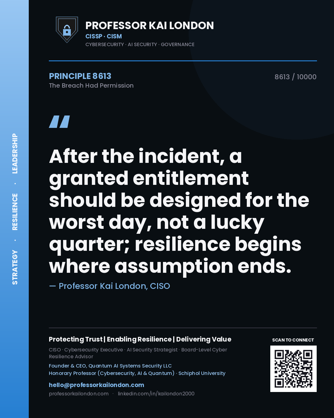 Quote card by Professor Kai London reading 'After the incident, a granted entitlement should be designed for the worst day, not a lucky quarter; resilience begins where assumption ends.'. From the book The Breach Had Permission.