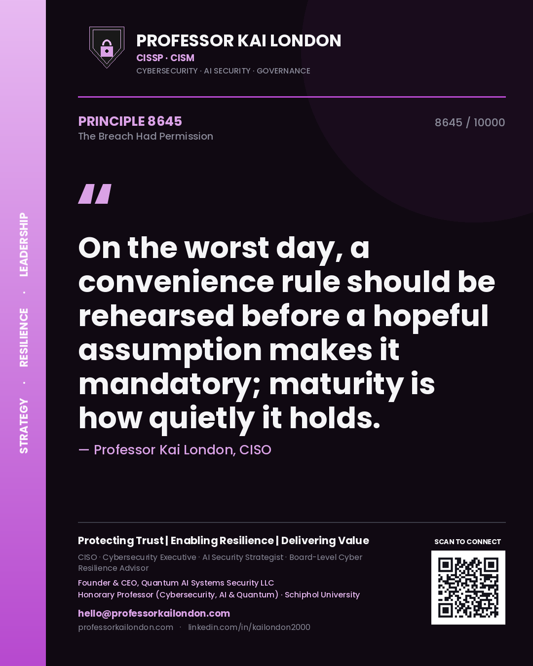 Professor Kai London principle 8645: On the worst day, a convenience rule should be rehearsed before a hopeful assumption makes it mandatory; maturity is how quietly it holds.