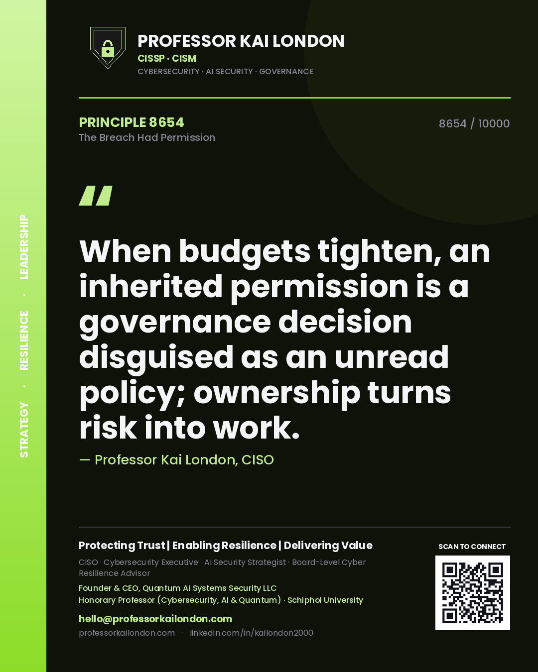 Quote card by Professor Kai London reading 'When budgets tighten, an inherited permission is a governance decision disguised as an unread policy; ownership turns risk into work.'. From the book The Breach Had Permission.