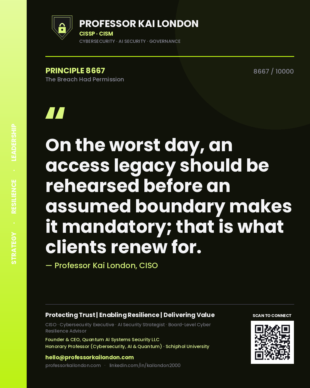 Quote card by Professor Kai London reading 'On the worst day, an access legacy should be rehearsed before an assumed boundary makes it mandatory; that is what clients renew for.'. From the book The Breach Had Permission.