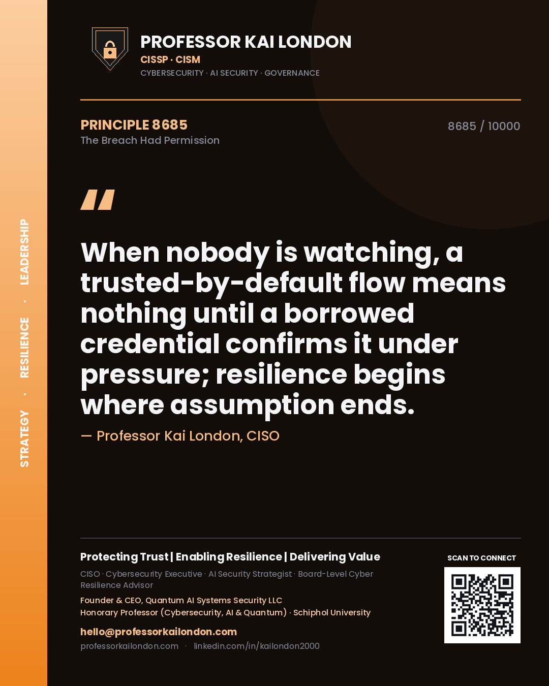 Quote card by Professor Kai London reading 'When nobody is watching, a trusted-by-default flow means nothing until a borrowed credential confirms it under pressure; resilience begins where assumption ends.'. From the book The Breach Had Permission.