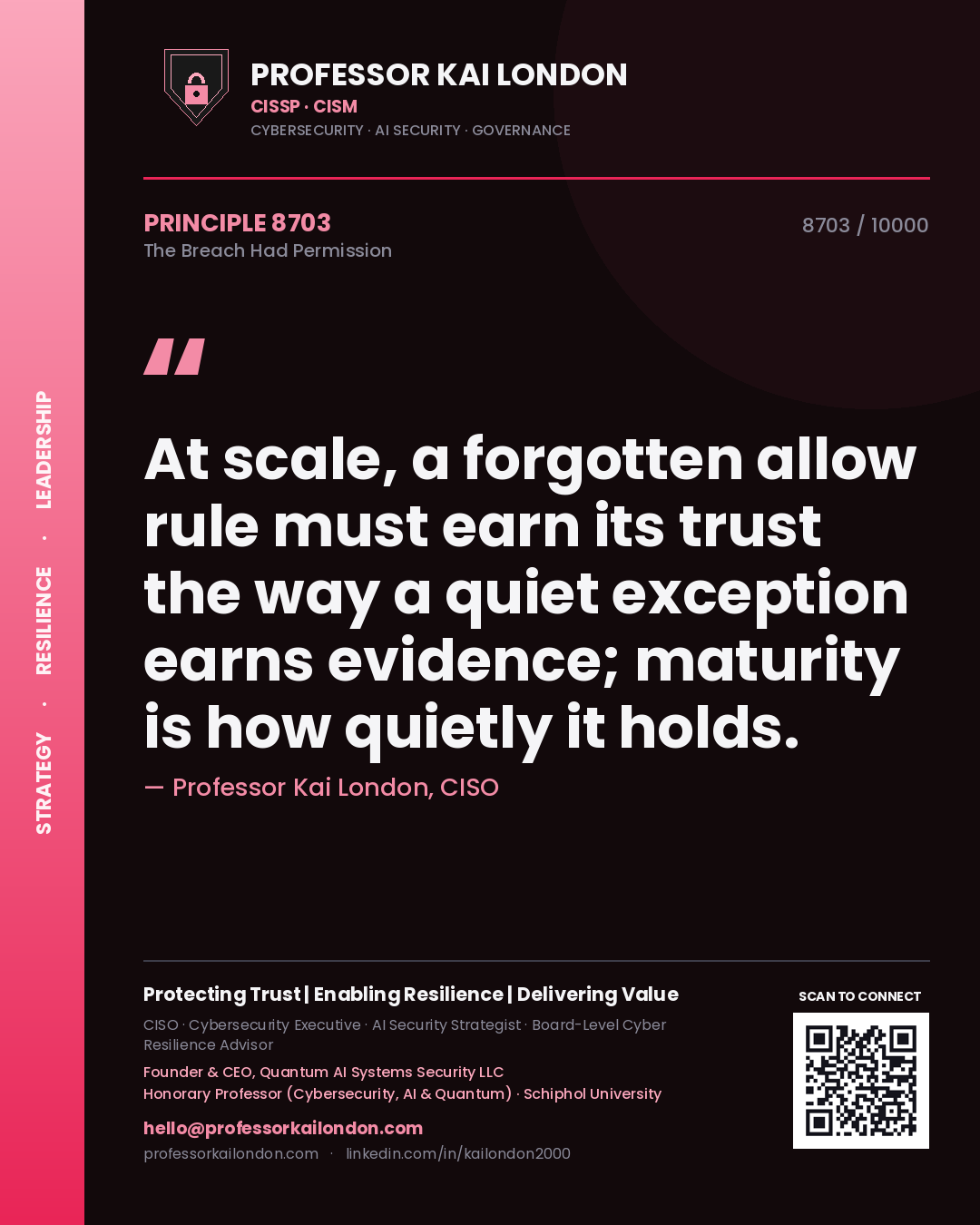 Professor Kai London principle 8703: At scale, a forgotten allow rule must earn its trust the way a quiet exception earns evidence; maturity is how quietly it holds.