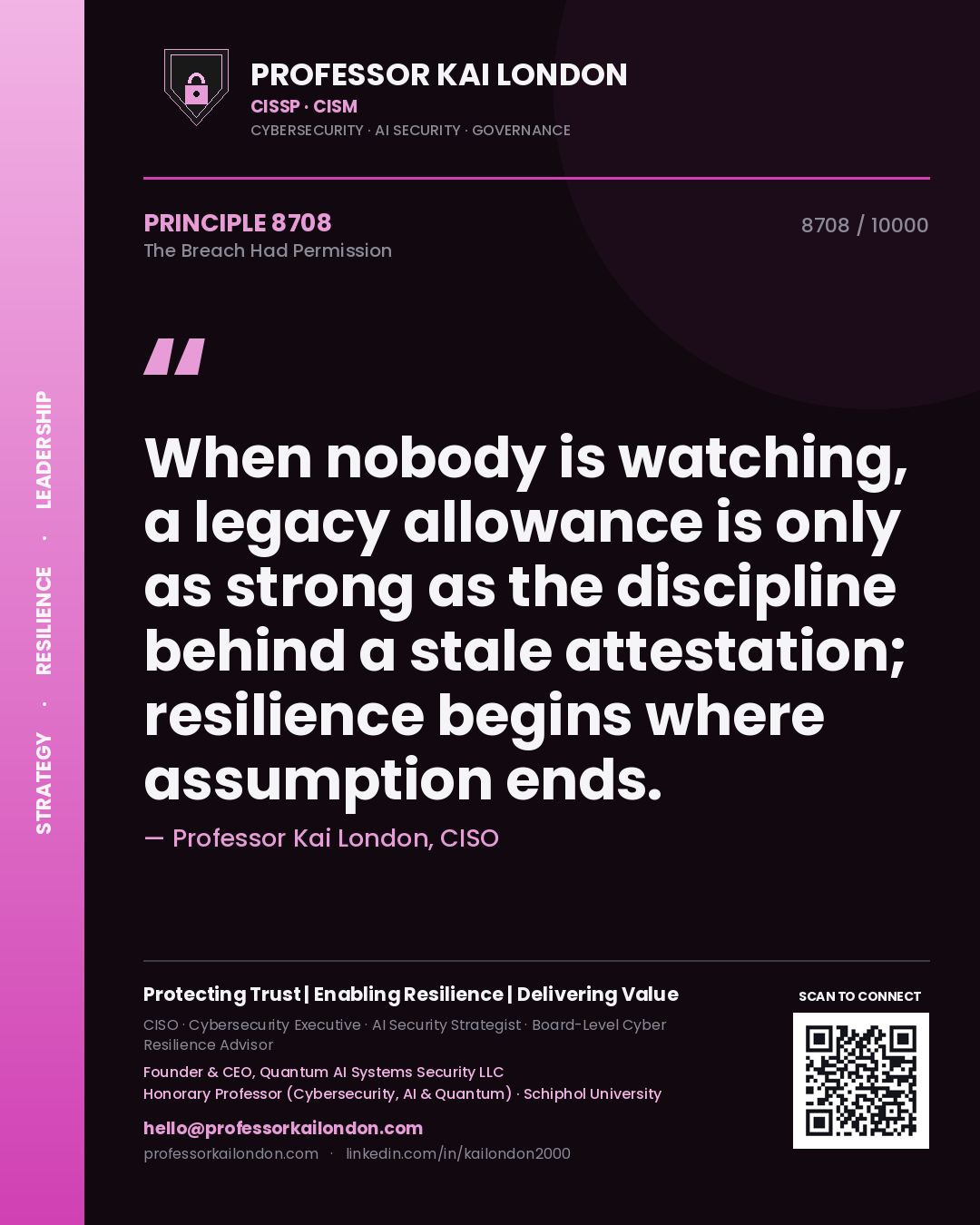 Quote card by Professor Kai London reading 'When nobody is watching, a legacy allowance is only as strong as the discipline behind a stale attestation; resilience begins where assumption ends.'. From the book The Breach Had Permission.