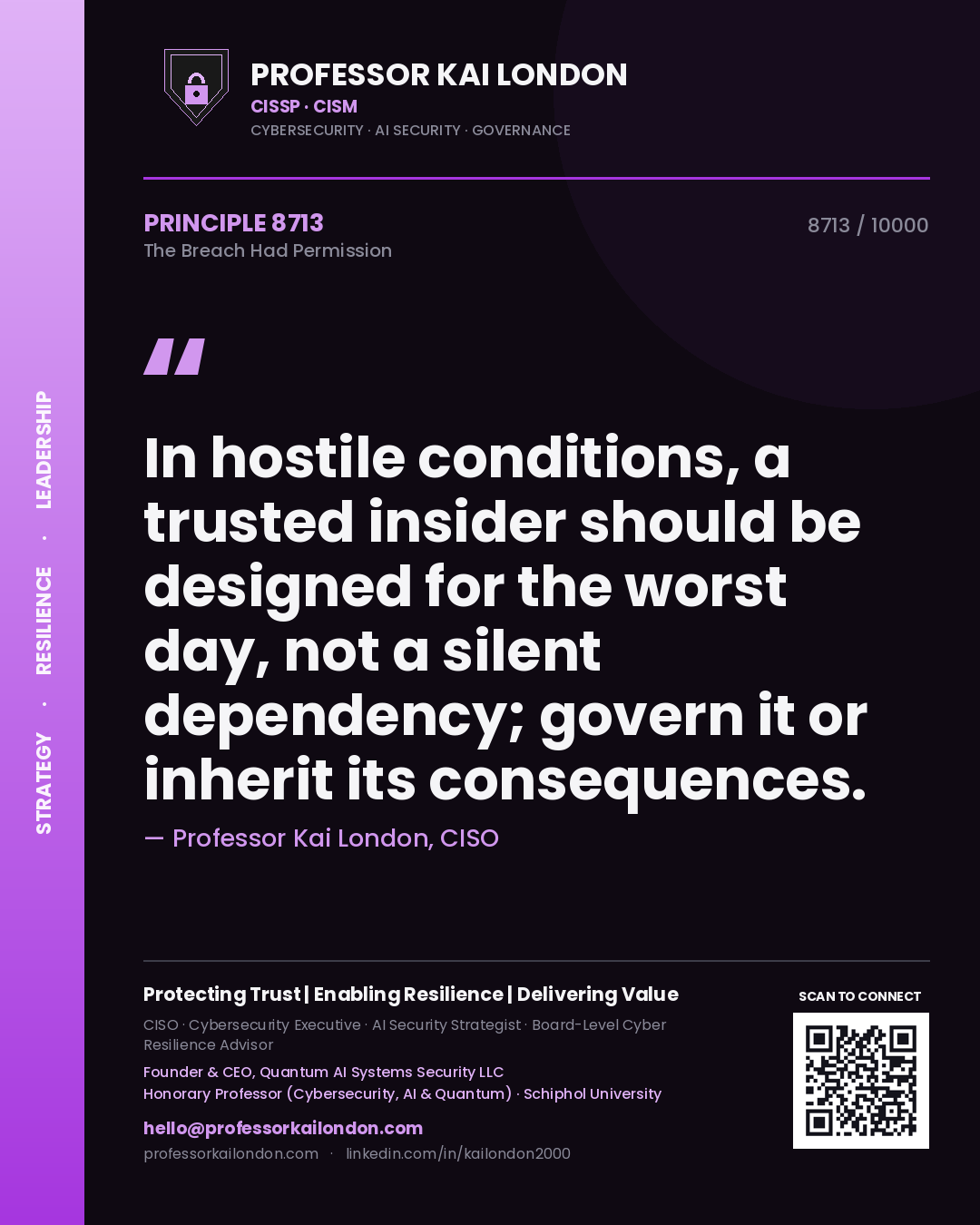 Professor Kai London principle 8713: In hostile conditions, a trusted insider should be designed for the worst day, not a silent dependency; govern it or inherit its consequences.