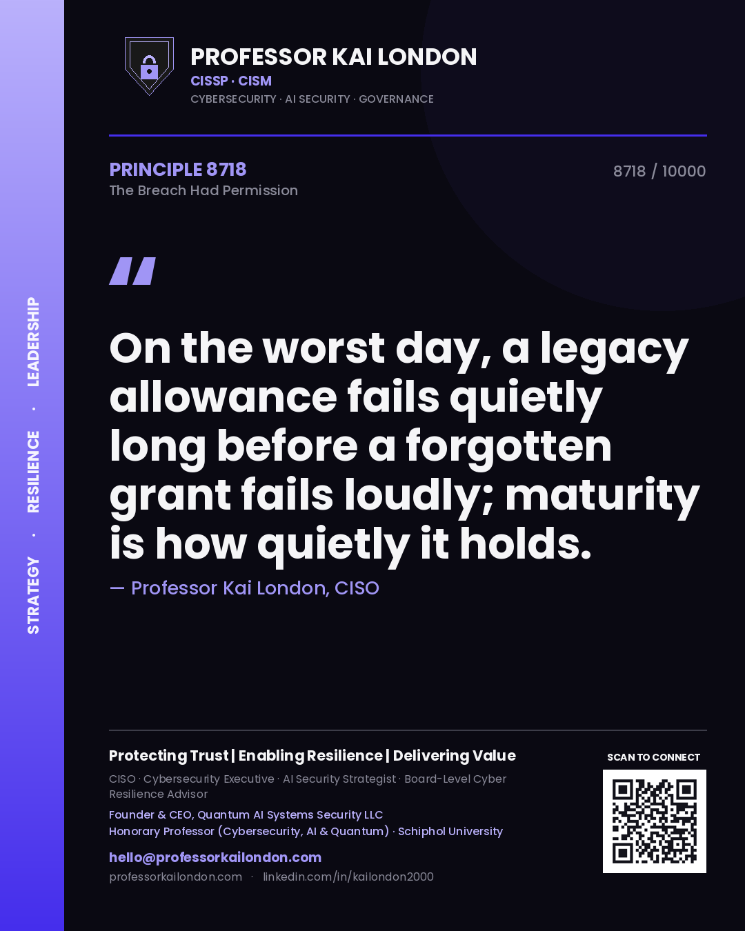 Quote card by Professor Kai London reading 'On the worst day, a legacy allowance fails quietly long before a forgotten grant fails loudly; maturity is how quietly it holds.'. From the book The Breach Had Permission.