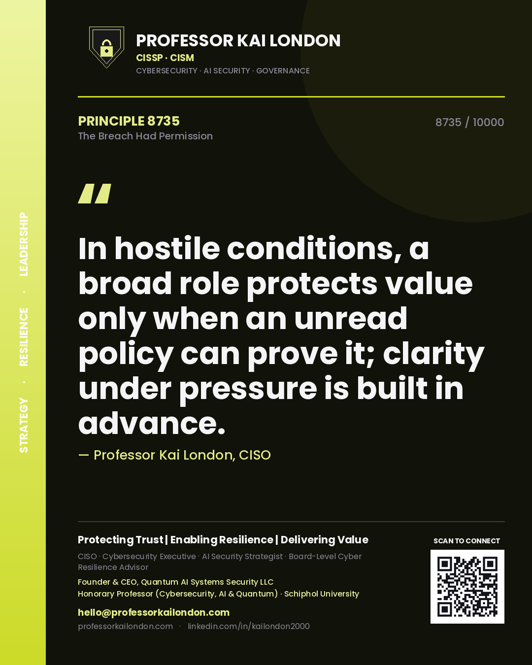 Professor Kai London principle 8735: In hostile conditions, a broad role protects value only when an unread policy can prove it; clarity under pressure is built in advance.