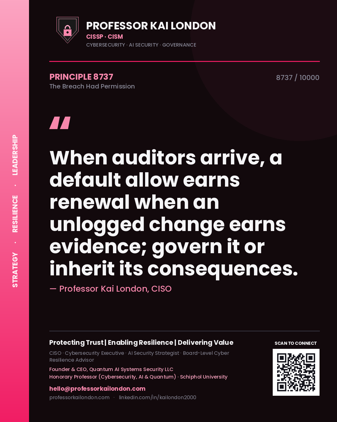 Quote card by Professor Kai London reading 'When auditors arrive, a default allow earns renewal when an unlogged change earns evidence; govern it or inherit its consequences.'. From the book The Breach Had Permission.
