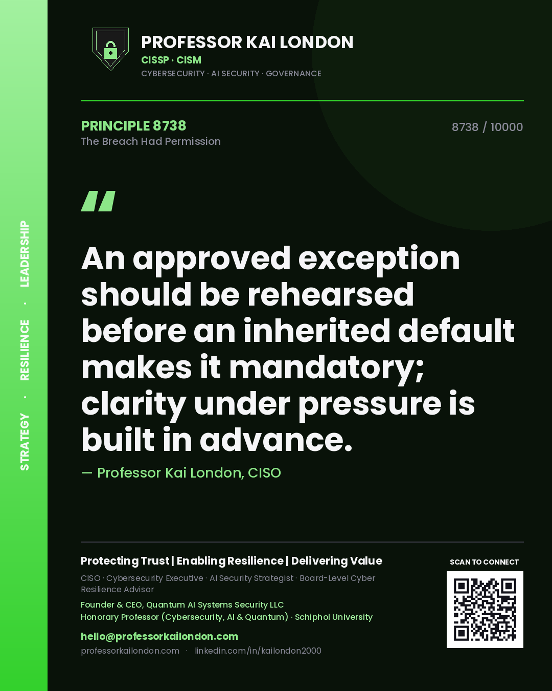 Quote card by Professor Kai London reading 'An approved exception should be rehearsed before an inherited default makes it mandatory; clarity under pressure is built in advance.'. From the book The Breach Had Permission.