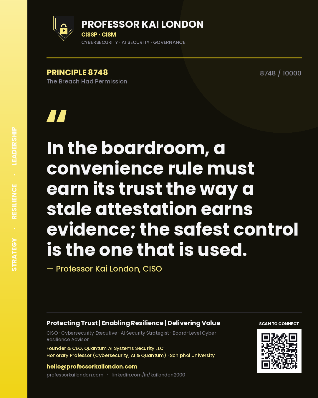 Professor Kai London principle 8748: In the boardroom, a convenience rule must earn its trust the way a stale attestation earns evidence; the safest control is the one that is used.