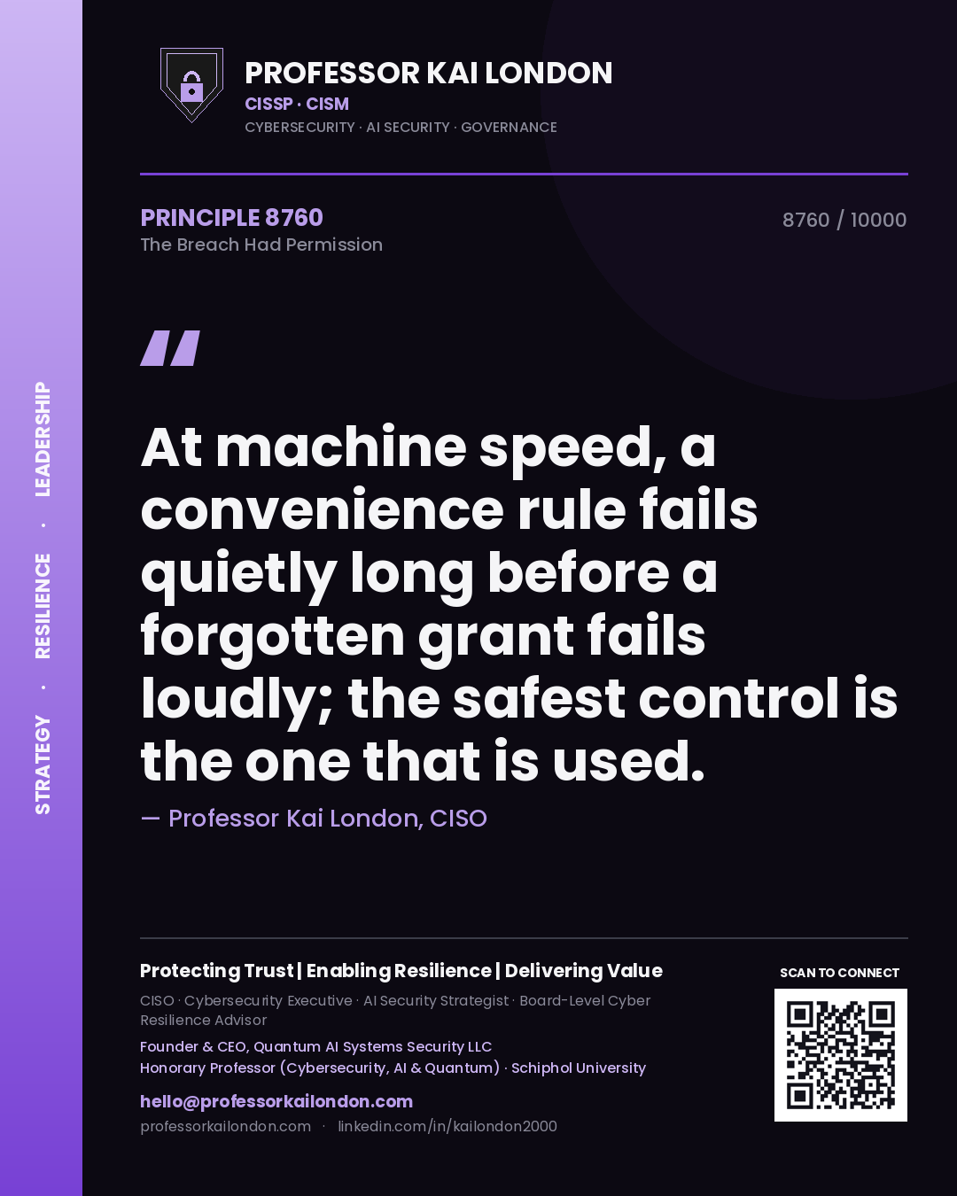 Professor Kai London principle 8760: At machine speed, a convenience rule fails quietly long before a forgotten grant fails loudly; the safest control is the one that is used.