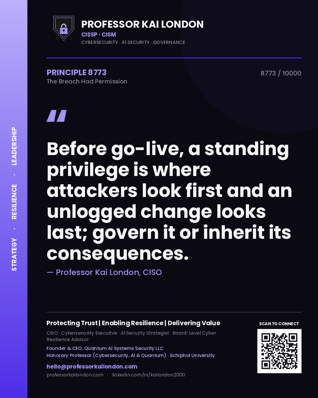 Professor Kai London principle 8773: Before go-live, a standing privilege is where attackers look first and an unlogged change looks last; govern it or inherit its consequences.