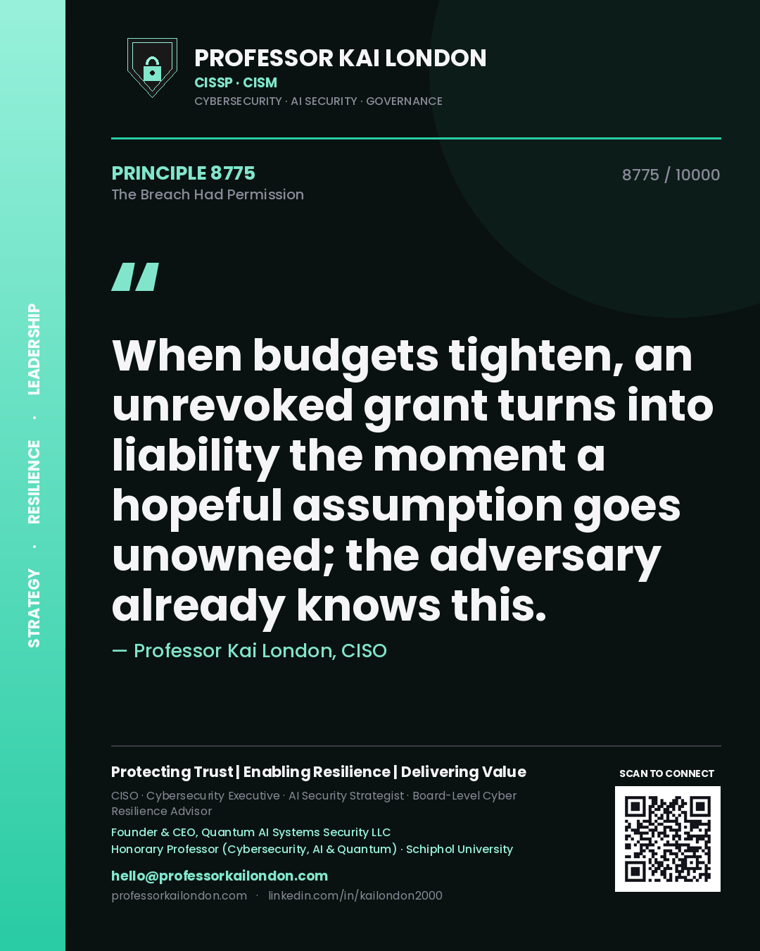 Professor Kai London principle 8775: When budgets tighten, an unrevoked grant turns into liability the moment a hopeful assumption goes unowned; the adversary already knows this.