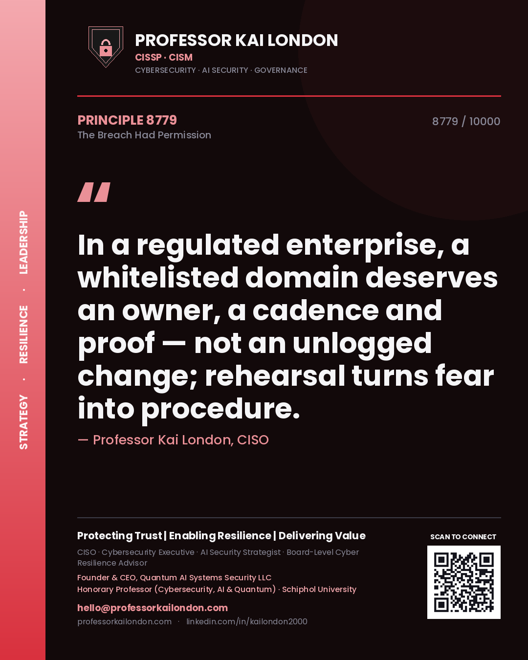 Professor Kai London principle 8779: In a regulated enterprise, a whitelisted domain deserves an owner, a cadence and proof — not an unlogged change; rehearsal turns fear into procedure.